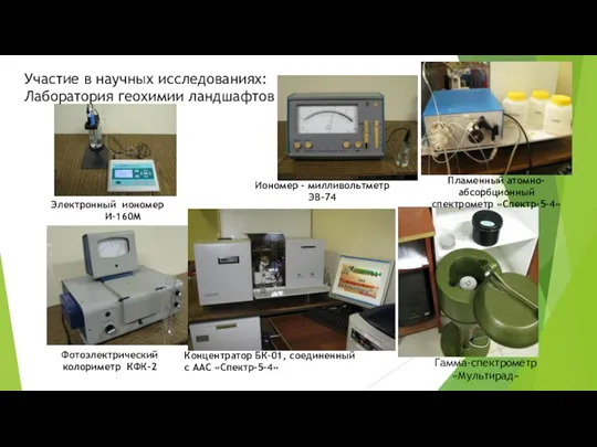 Электронный иономер И-160М Иономер - милливольтметр ЭВ-74 Фотоэлектрический колориметр КФК-2 Гамма-спектрометр «Мультирад»