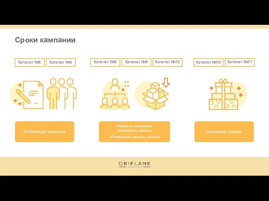 Сроки кампании Регистрируй новичков Помогай новичкам размещать заказы Размещай личные заказы Заказывай