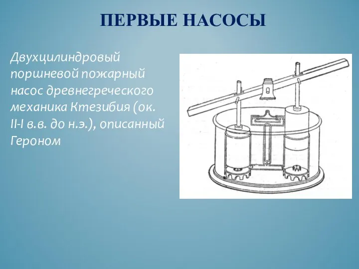 Двухцилиндровый поршневой пожарный насос древнегреческого механика Ктезибия (ок. II-I в.в. до н.э.), описанный Героном ПЕРВЫЕ НАСОСЫ