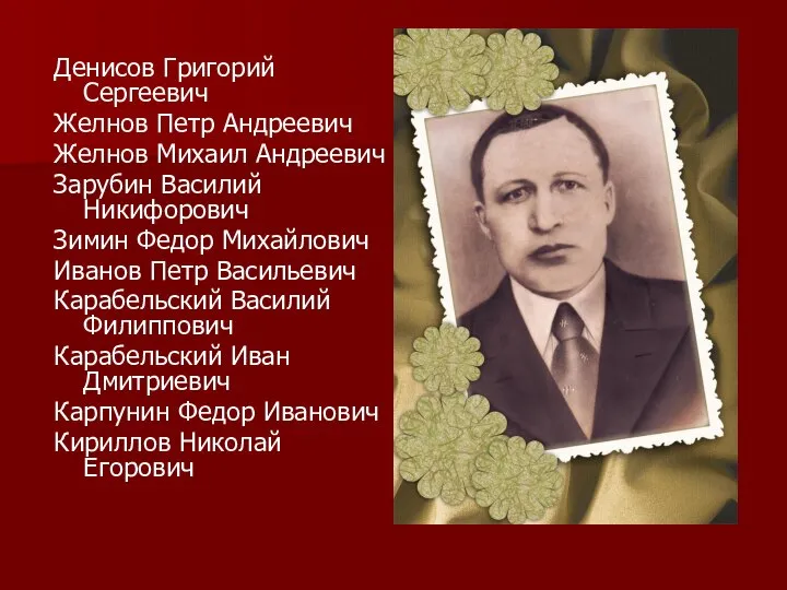 Денисов Григорий Сергеевич Желнов Петр Андреевич Желнов Михаил Андреевич Зарубин Василий Никифорович