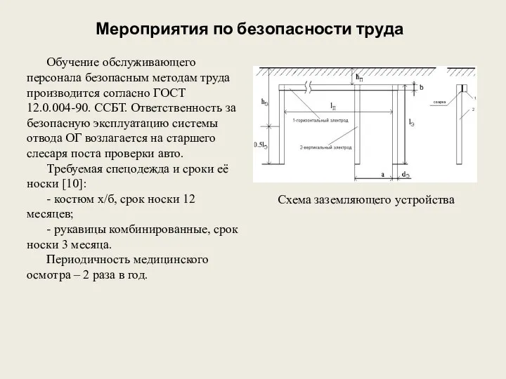 Мероприятия по безопасности труда Схема заземляющего устройства Обучение обслуживающего персонала безопасным методам