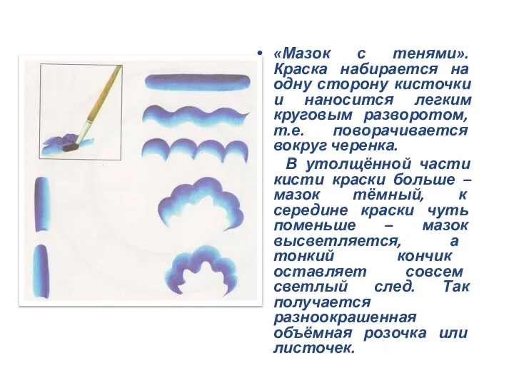 «Мазок с тенями». Краска набирается на одну сторону кисточки и наносится легким