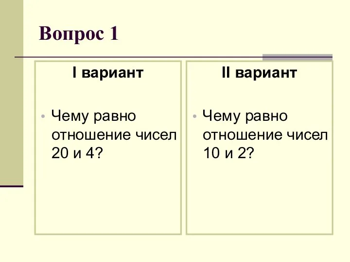 Вопрос 1 I вариант Чему равно отношение чисел 20 и 4? II