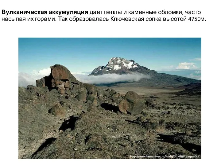 Вулканическая аккумуляция дает пеплы и каменные обломки, часто насыпая их горами. Так