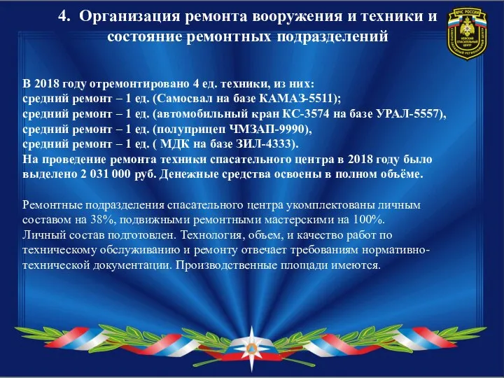 4. Организация ремонта вооружения и техники и состояние ремонтных подразделений В 2018