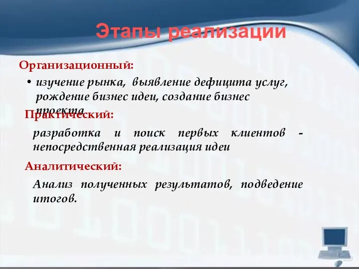 Этапы реализации Организационный: изучение рынка, выявление дефицита услуг, рождение бизнес идеи, создание