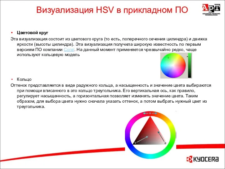 Визуализация HSV в прикладном ПО Цветовой круг Эта визуализация состоит из цветового