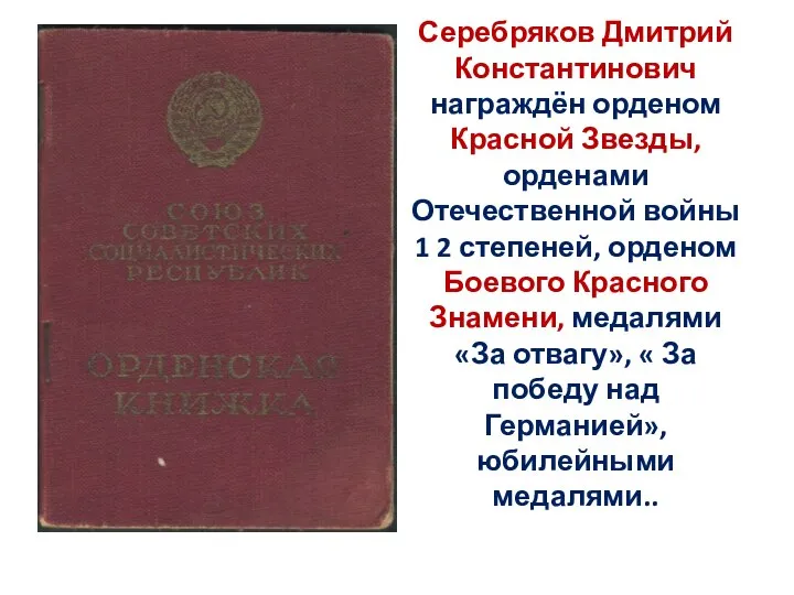 Серебряков Дмитрий Константинович награждён орденом Красной Звезды, орденами Отечественной войны 1 2