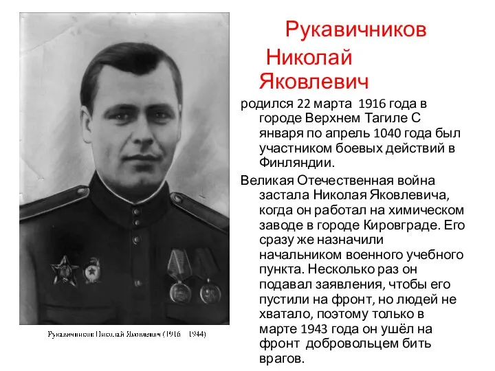 Рукавичников Николай Яковлевич родился 22 марта 1916 года в городе Верхнем Тагиле