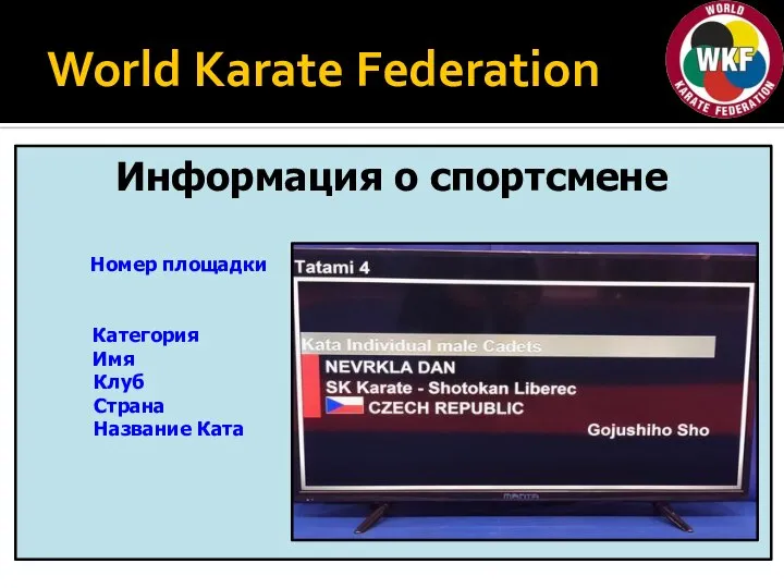 World Karate Federation Информация о спортсмене Номер площадки Категория Имя Клуб Страна Название Ката