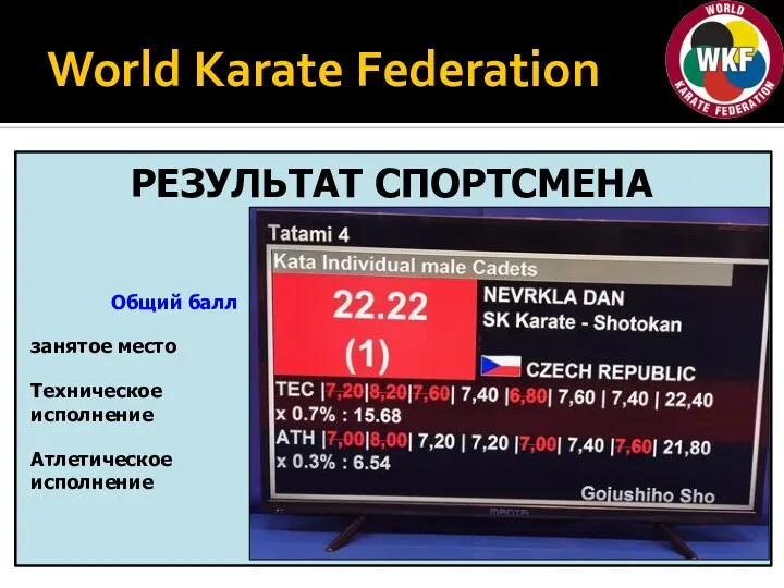 World Karate Federation РЕЗУЛЬТАТ СПОРТСМЕНА Общий балл занятое место Техническое исполнение Атлетическое исполнение