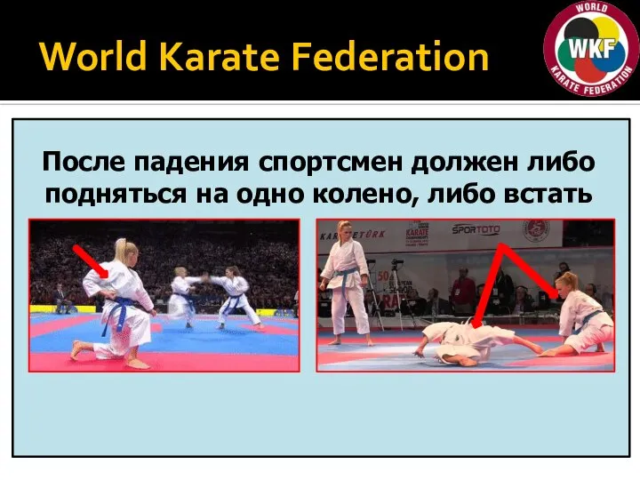 World Karate Federation После падения спортсмен должен либо подняться на одно колено, либо встать