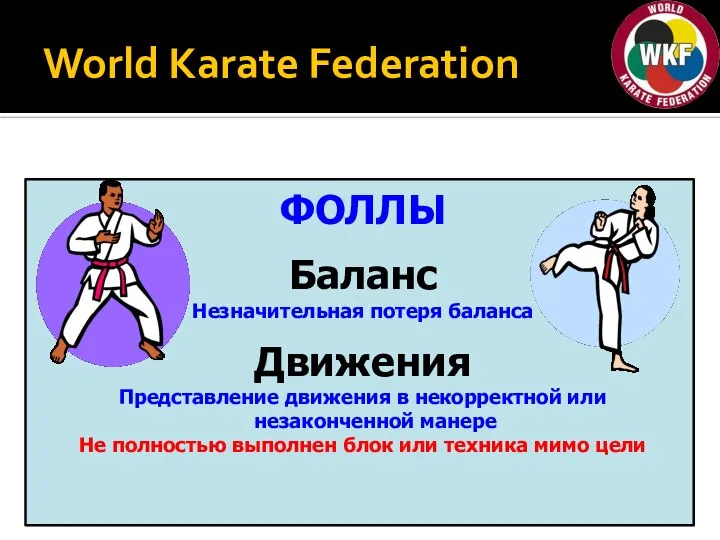 World Karate Federation ФОЛЛЫ Баланс Незначительная потеря баланса Движения Представление движения в