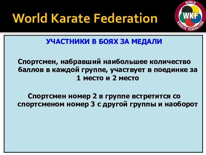 World Karate Federation УЧАСТНИКИ В БОЯХ ЗА МЕДАЛИ Спортсмен, набравший наибольшее количество