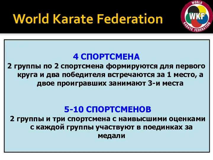 World Karate Federation 4 СПОРТСМЕНА 2 группы по 2 спортсмена формируются для