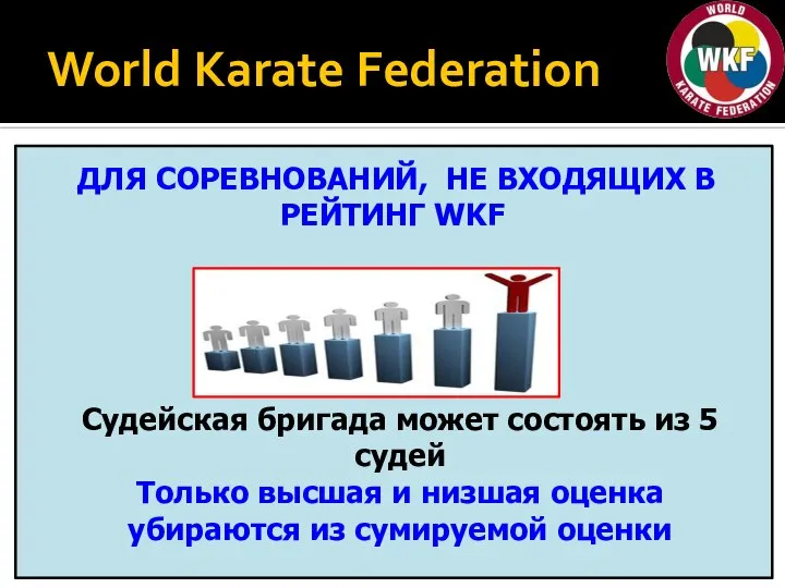 World Karate Federation Судейская бригада может состоять из 5 судей Только высшая