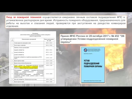 Уход за пожарной техникой осуществляется ежедневно личным составом подразделения ФПС в установленное