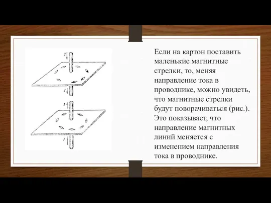 Если на картон поставить маленькие магнитные стрелки, то, меняя направление тока в