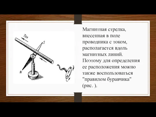 Магнитная стрелка, внесенная в поле проводника с током, располагается вдоль магнитных линий.