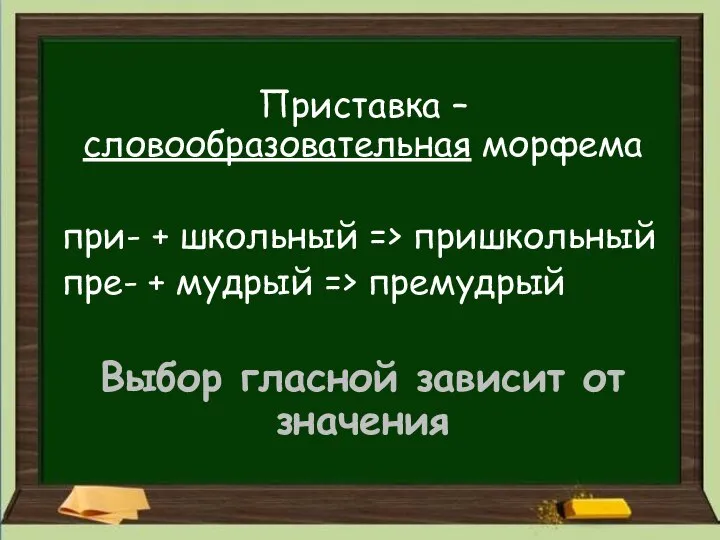 Приставка – словообразовательная морфема при- + школьный => пришкольный пре- + мудрый