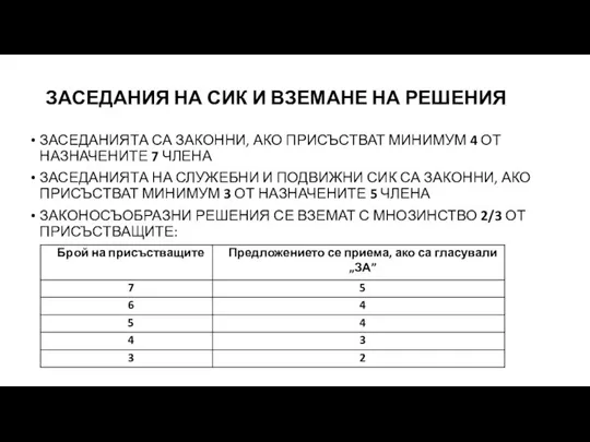 ЗАСЕДАНИЯ НА СИК И ВЗЕМАНЕ НА РЕШЕНИЯ ЗАСЕДАНИЯТА СА ЗАКОННИ, АКО ПРИСЪСТВАТ