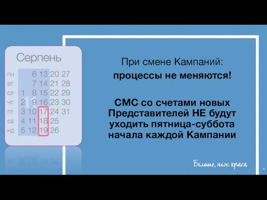 При смене Кампаний: процессы не меняются! СМС со счетами новых Представителей НЕ