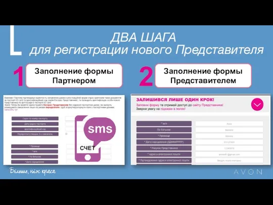 ДВА ШАГА для регистрации нового Представителя Заполнение формы Партнером Заполнение формы Представителем 1 2 СЧЕТ