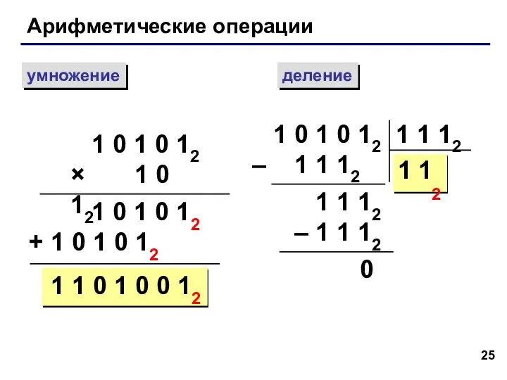 Арифметические операции умножение деление 1 0 1 0 12 × 1 0