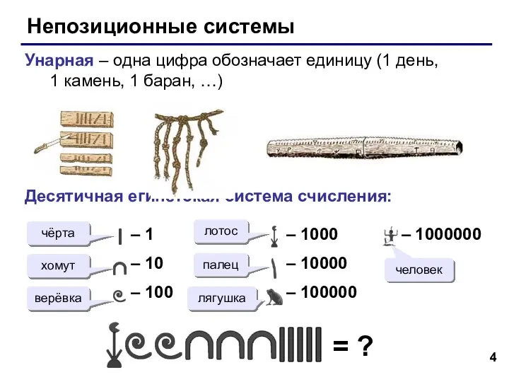 Непозиционные системы Унарная – одна цифра обозначает единицу (1 день, 1 камень,