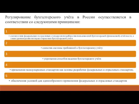 Регулирование бухгалтерского учёта в России осуществляется в соответствии со следующими принципами: