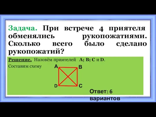 Задача. При встрече 4 приятеля обменялись рукопожатиями. Сколько всего было сделано рукопожатий?