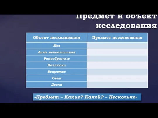 Предмет и объект исследования «Предмет – Какие? Какой? – Несколько»