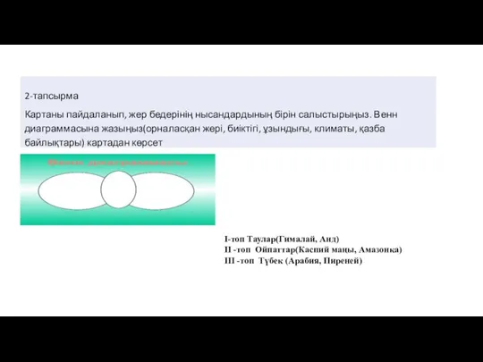 I-топ Таулар(Гималай, Анд) II -топ Ойпаттар(Каспий маңы, Амазонка) III -топ Түбек (Арабия, Пиреней)