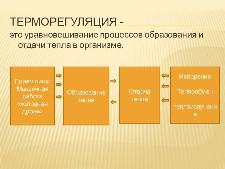 ТЕРМОРЕГУЛЯЦИЯ - это уравновешивание процессов образования и отдачи тепла в организме. Прием