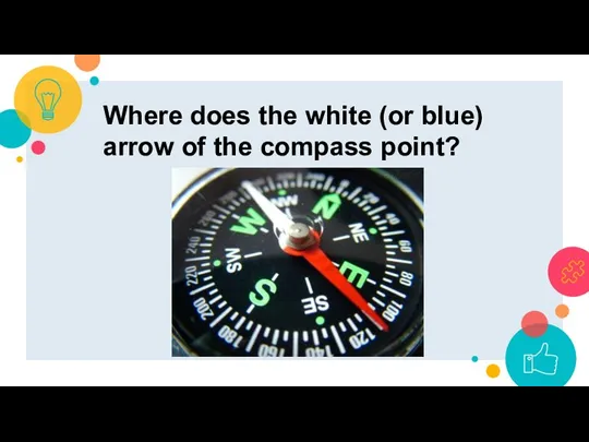 Where does the white (or blue) arrow of the compass point?