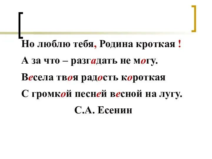 Но люблю тебя, Родина кроткая ! А за что – разгадать не