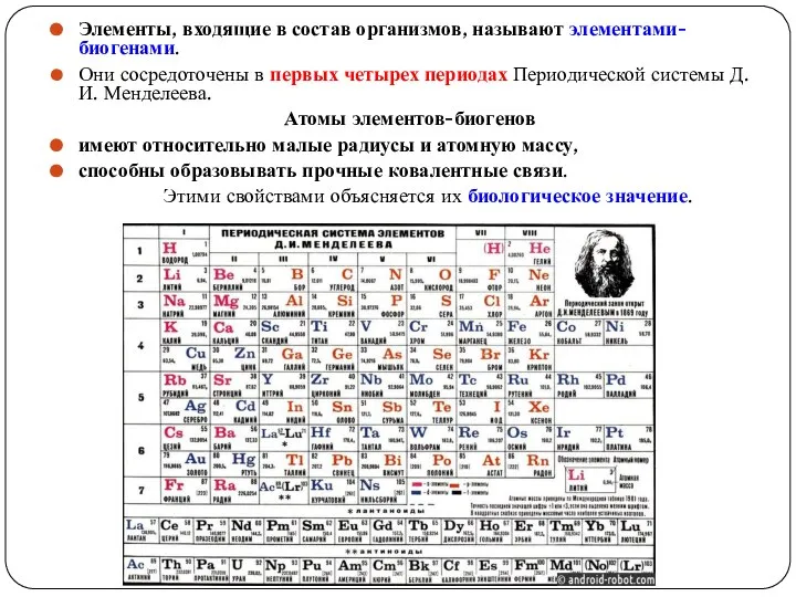 Элементы, входящие в состав организмов, называют элементами-биогенами. Они сосредоточены в первых четырех