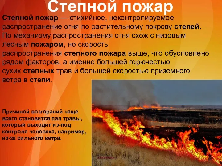 Степной пожар — стихийное, неконтролируемое распространение огня по растительному покрову степей. По