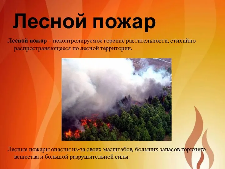 Лесной пожар Лесной пожар – неконтролируемое горение растительности, стихийно распространяющееся по лесной