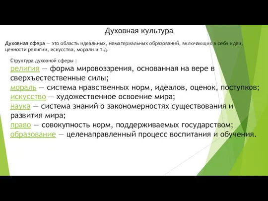 Духовная культура Духовная сфера — это область идеальных, нематериальных образований, включающих в