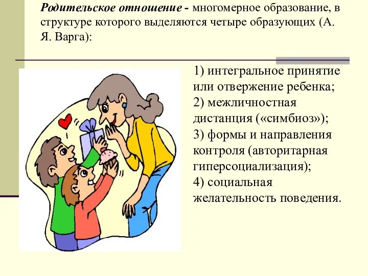Родительское отношение - многомерное образование, в структуре которого вы­деляются четыре образующих (А.