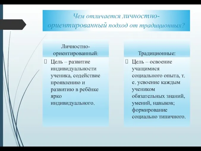 Чем отличается личностно-ориентированный подход от традиционных? Личностно-ориентированный: Цель – развитие индивидуальности ученика,