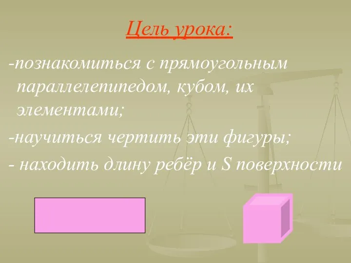 Цель урока: -познакомиться с прямоугольным параллелепипедом, кубом, их элементами; -научиться чертить эти