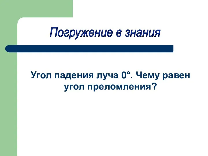 Погружение в знания Угол падения луча 0°. Чему равен угол преломления?