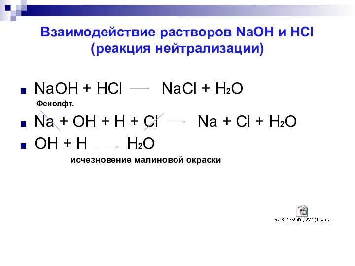 Взаимодействие растворов NaOH и HCl (реакция нейтрализации) NaOH + HCl NaCl +