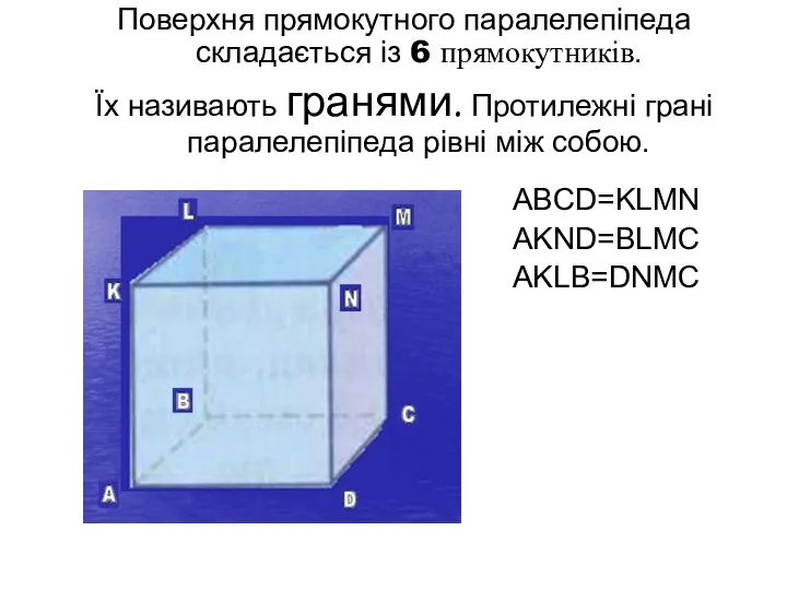 Поверхня прямокутного паралелепіпеда складається із 6 прямокутників. Їх називають гранями. Протилежні грані