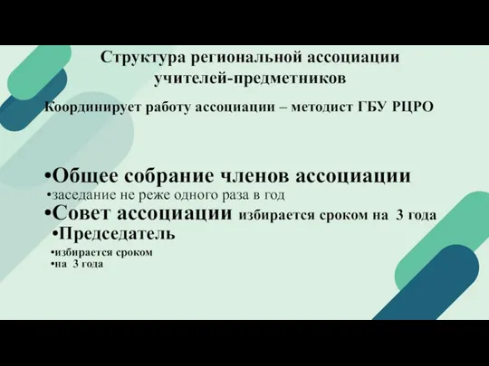 Структура региональной ассоциации учителей-предметников Общее собрание членов ассоциации заседание не реже одного