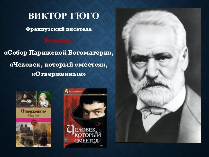 ВИКТОР ГЮГО Французский писатель Романы: «Собор Парижской Богоматери», «Человек, который смеется», «Отверженные»