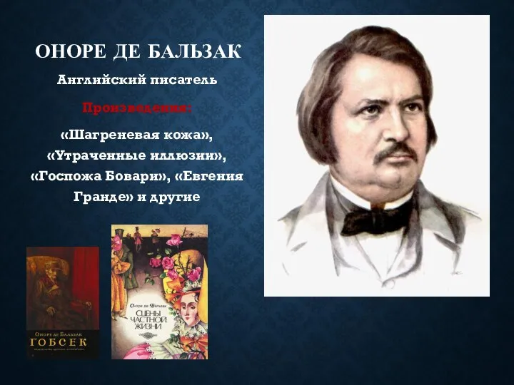 ОНОРЕ ДЕ БАЛЬЗАК Английский писатель Произведения: «Шагреневая кожа», «Утраченные иллюзии», «Госпожа Бовари», «Евгения Гранде» и другие