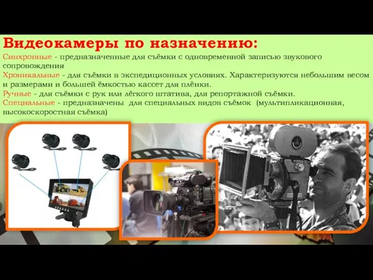 Видеокамеры по назначению: Синхронные - предназначенные для съёмки с одновременной записью звукового